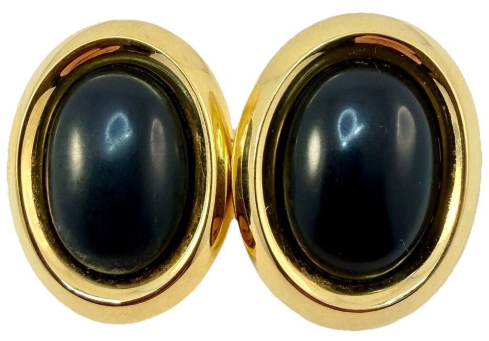 Vintage Monet Gold Black Cabochon Earrings Large Oval  Statement 80s Classic
